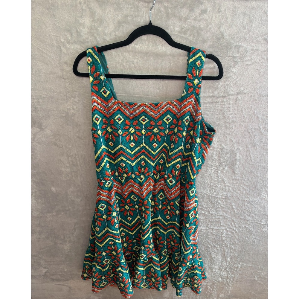 Wrapper‎ Teal Green Geometric Embroidered Sleeveless Ruffle Mini Dress Womens